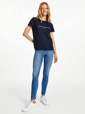 Blue Tommy Hilfiger Organic Cotton Logo Women's T Shirts | TH658DMW