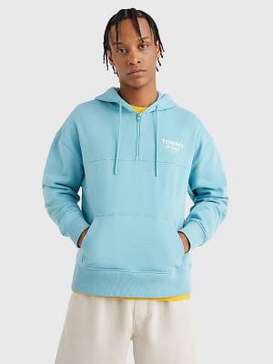 Blue Tommy Hilfiger Organic Cotton Logo Tape Men's Hoodie | TH752UNF