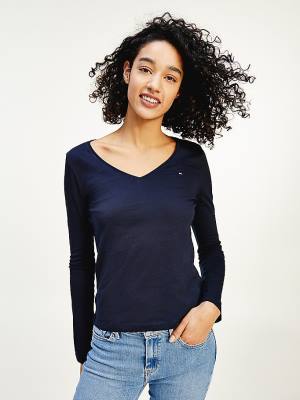 Blue Tommy Hilfiger Organic Cotton Long Sleeve V-Neck Women's T Shirts | TH820NFI