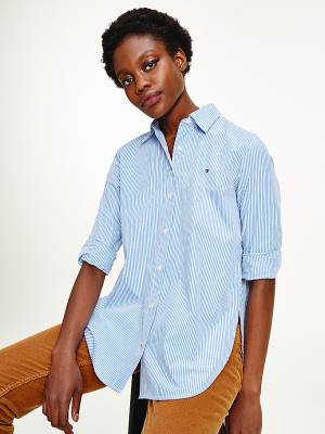 Blue Tommy Hilfiger Organic Cotton Poplin Signature Tape Women's Shirts | TH361HBO