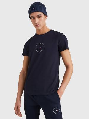 Blue Tommy Hilfiger Organic Cotton Round Logo Men's T Shirts | TH910XPQ