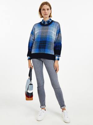 Blue Tommy Hilfiger Organic Cotton Shadow Check Jumper Women's Sweaters | TH641KHT