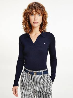 Blue Tommy Hilfiger Organic Cotton Slim Fit Polo Jumper Women's Sweaters | TH047KNM