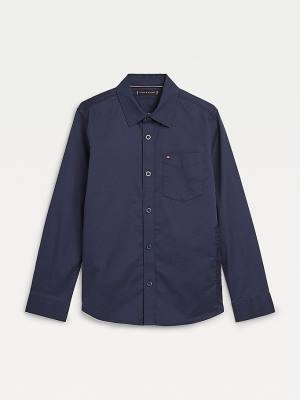 Blue Tommy Hilfiger Organic Cotton Stretch Twill Logo Boys' Shirts | TH256IYX