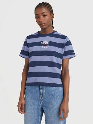 Blue Tommy Hilfiger Organic Cotton Stripe Logo Women's T Shirts | TH198VUO