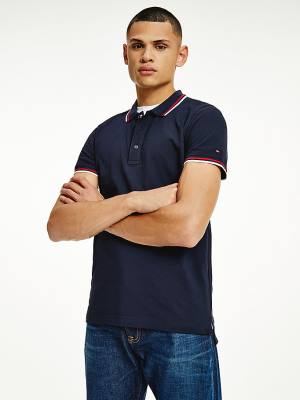 Blue Tommy Hilfiger Organic Cotton Tipped Slim Fit Men's Polo Shirts | TH601ABZ