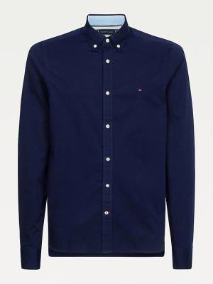 Blue Tommy Hilfiger Organic Cotton Twill Slim Fit Men's Shirts | TH926TWQ