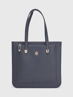 Blue Tommy Hilfiger Pebble Grain Signature Tote Women's Bags | TH728SZB