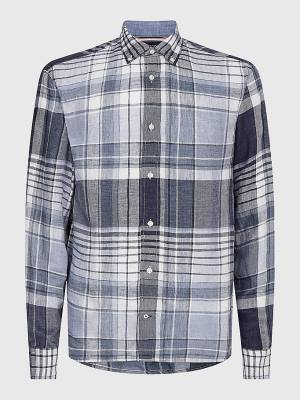 Blue Tommy Hilfiger Pigment Dyed Check Linen Men's Shirts | TH158OMI