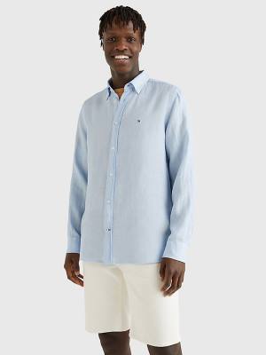 Blue Tommy Hilfiger Pigment Dyed Regular Fit Linen Men's Shirts | TH457CFP