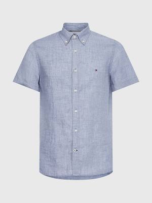 Blue Tommy Hilfiger Pigment-Dyed Short Sleeve Linen Men's Shirts | TH453PXT