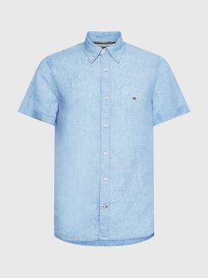 Blue Tommy Hilfiger Pigment-Dyed Short Sleeve Linen Men's Shirts | TH597RBH