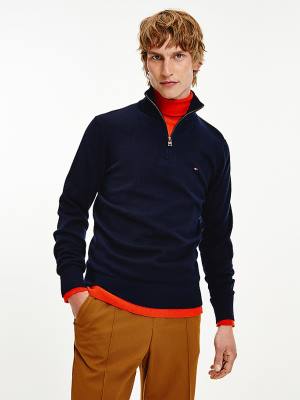 Blue Tommy Hilfiger Pima Cotton Cashmere Half Zip Jumper Men's Sweaters | TH183YTA