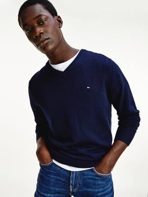 Blue Tommy Hilfiger Pima Cotton Cashmere V-Neck Jumper Men's Sweaters | TH964SCR