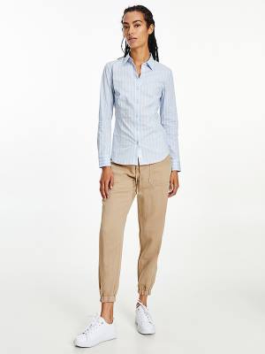 Blue Tommy Hilfiger Pinstripe Slim Fit Women's Shirts | TH078UYC