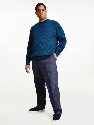 Blue Tommy Hilfiger Plus Knitted Grid Check Crew Neck Jumper Men's Sweaters | TH216EFT