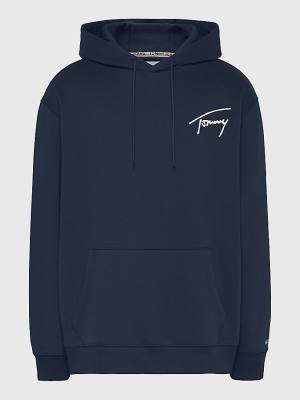 Blue Tommy Hilfiger Plus Signature Logo Relaxed Fit Men's Hoodie | TH320MKT