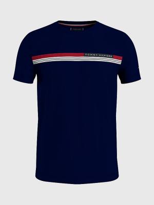 Blue Tommy Hilfiger Plus Signature Tape Men's T Shirts | TH519ANT