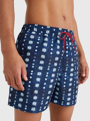 Blue Tommy Hilfiger Print Drawstring Mid Length Shorts Men's Swimwear | TH607EYU