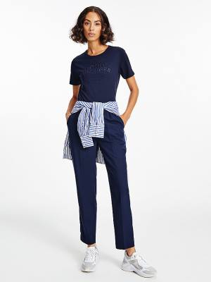 Blue Tommy Hilfiger Pure Organic Cotton Embroidery Women's T Shirts | TH125LFR