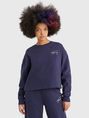 Blue Tommy Hilfiger Recycled Signature Logo Cropped Women's Sweatshirts | TH487DTN