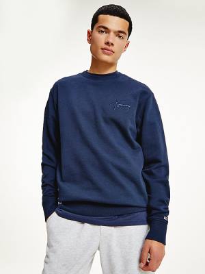 Blue Tommy Hilfiger Recycled Signature Logo Relaxed Men's Sweatshirts | TH516XFT