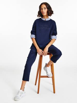 Blue Tommy Hilfiger Relaxed Fit Text Embroidery Women's Sweatshirts | TH024LCZ