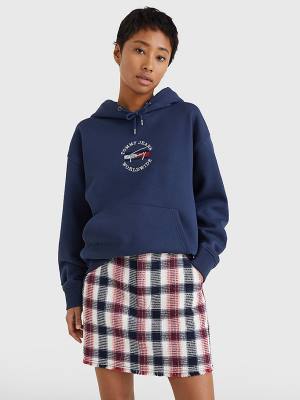 Blue Tommy Hilfiger Relaxed Timeless Signature Logo Women's Hoodie | TH473ASI