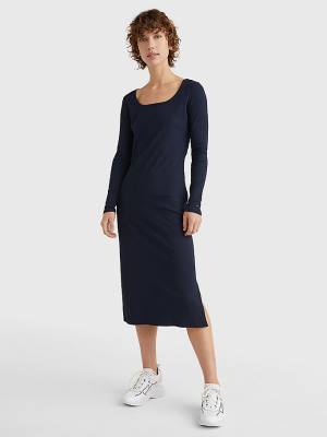 Blue Tommy Hilfiger Rib Square Neck Slim Midi Women's Dress | TH674EQX