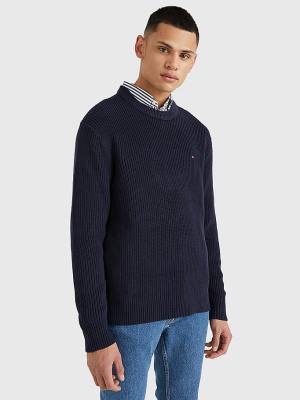 Blue Tommy Hilfiger Ribbed Crew Neck Relaxed Fit Jumper Men's Sweaters | TH780NOD