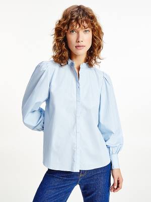 Blue Tommy Hilfiger Ruffled Mandarin Collar Relaxed Fit Women's Blouse | TH274NUI