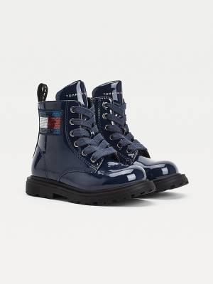 Blue Tommy Hilfiger Sequin Flag Patent Lace-Up Girls' Boots | TH610VPW