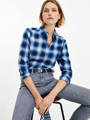 Blue Tommy Hilfiger Shadow Check Relaxed Fit Women's Shirts | TH098AFU