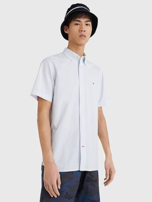 Blue Tommy Hilfiger Short Sleeve Regular Fit Poplin Men's Shirts | TH946YLC