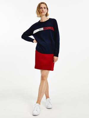 Blue Tommy Hilfiger Signature Embroidery Organic Cotton Jumper Women's Sweaters | TH724RYO