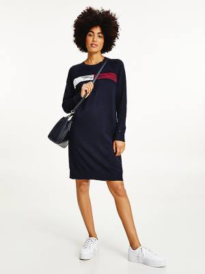 Blue Tommy Hilfiger Signature Logo Embroidery Knit Women's Dress | TH517NRG