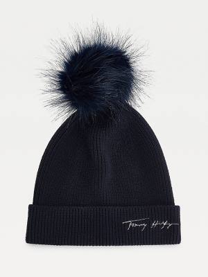 Blue Tommy Hilfiger Signature Pom Pom Beanie Women's Hats | TH412PYA