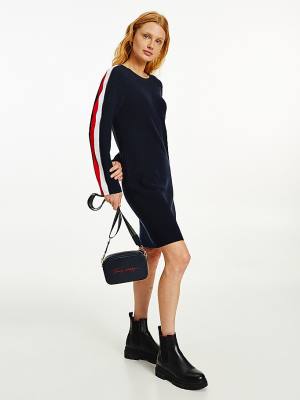 Blue Tommy Hilfiger Signature Sleeve Boat Neck Knit Women's Dress | TH456RBW