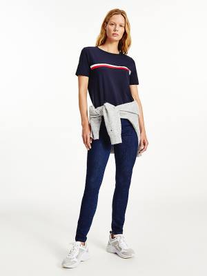 Blue Tommy Hilfiger Signature Tape Crew Neck Women's T Shirts | TH305GHS