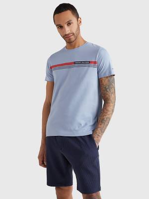 Blue Tommy Hilfiger Signature Tape Men's T Shirts | TH329FJV