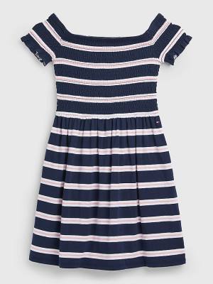 Blue Tommy Hilfiger Smocked Stripe Fit & Flare Girls' Dress | TH139GAN