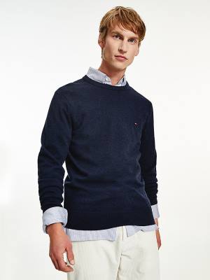 Blue Tommy Hilfiger Soft Merino Wool Crew Neck Jumper Men's Sweaters | TH380JVO