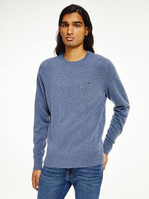 Blue Tommy Hilfiger Soft Merino Wool Crew Neck Jumper Men's Sweaters | TH781AMC