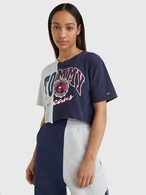 Blue Tommy Hilfiger Spliced Logo Cropped Women's T Shirts | TH401LOY