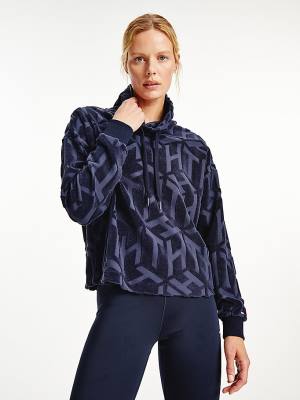 Blue Tommy Hilfiger Sport Monogram High Neck Sweatshirt Women's Hoodie | TH465IYN