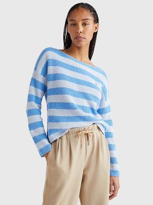 Blue Tommy Hilfiger Stripe Boat Neck Relaxed Fit Jumper Women's Sweaters | TH104DUS