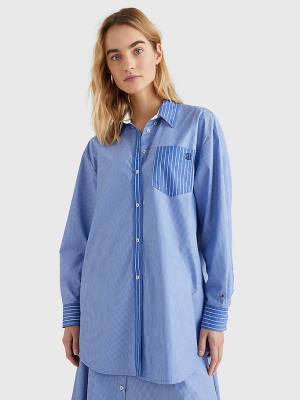 Blue Tommy Hilfiger Stripe Boyfriend Fit Women's Shirts | TH798MLH