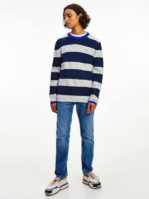 Blue Tommy Hilfiger Stripe Organic Cotton Jumper Men's Sweaters | TH237GFM