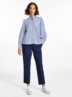 Blue Tommy Hilfiger Stripe Relaxed Fit Frill Women's Blouse | TH356QYV