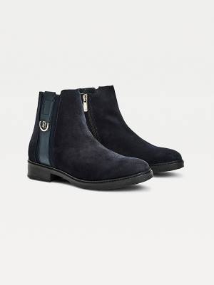 Blue Tommy Hilfiger Suede Monogram Ankle Women's Boots | TH529IUX